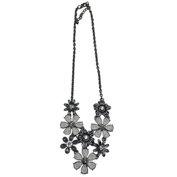 costume jewelry necklace floral black shine stones chain clasp 21" READ - Picture 1 of 7